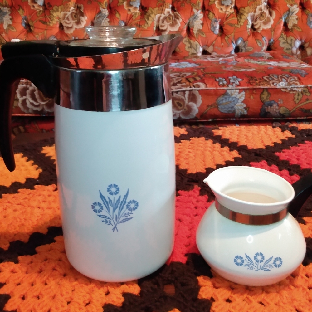 Vintage Corningware Blue Cornflower Percolator & Teapot Set